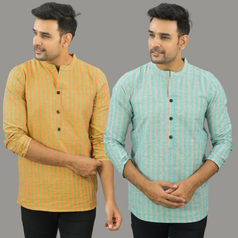 Combo of 2 Men Cotton Stripe Short Kurta-25717