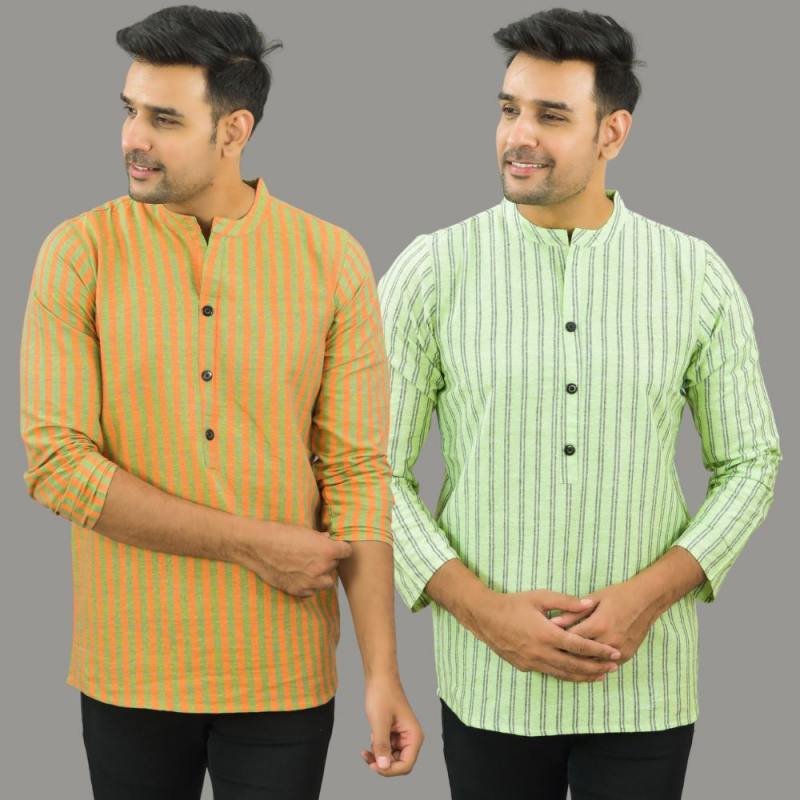 Combo of 2 Men Cotton Stripe Short Kurta Olive Green and Mint Green-25713