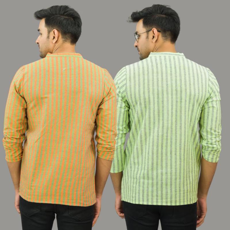 Combo of 2 Men Cotton Stripe Short Kurta Olive Green and Mint Green-25713