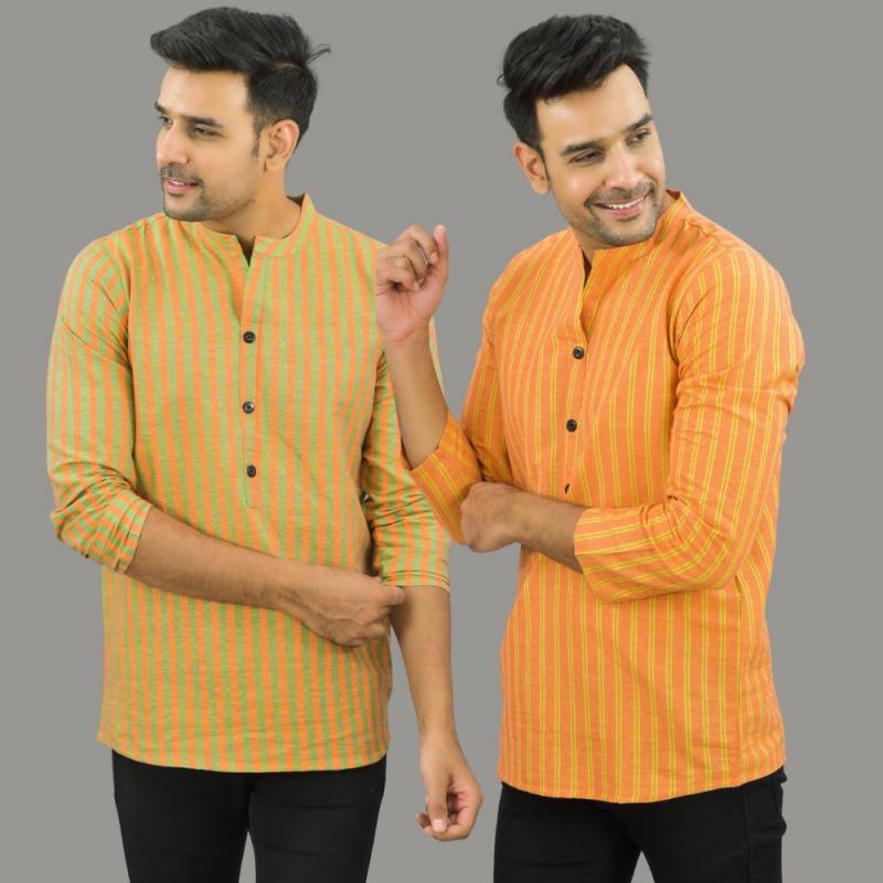 Combo of 2 Men Cotton Stripe Short Kurta Olive Green and Orange-25708