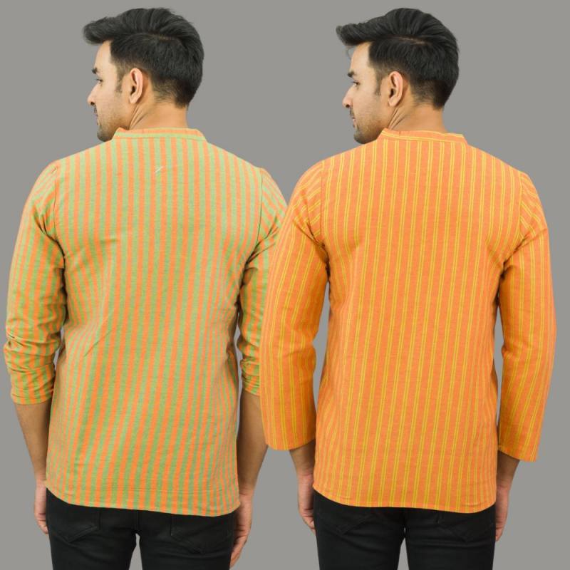 Combo of 2 Men Cotton Stripe Short Kurta Olive Green and Orange-25708