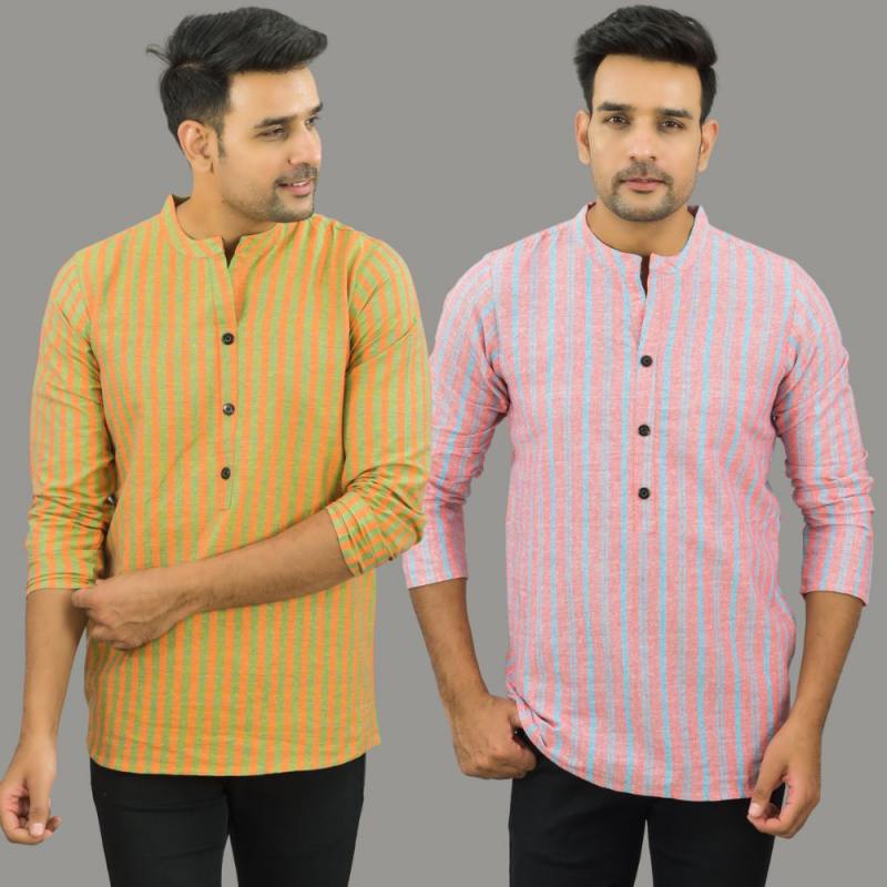 Combo of 2 Men Cotton Stripe Short Kurta-25702