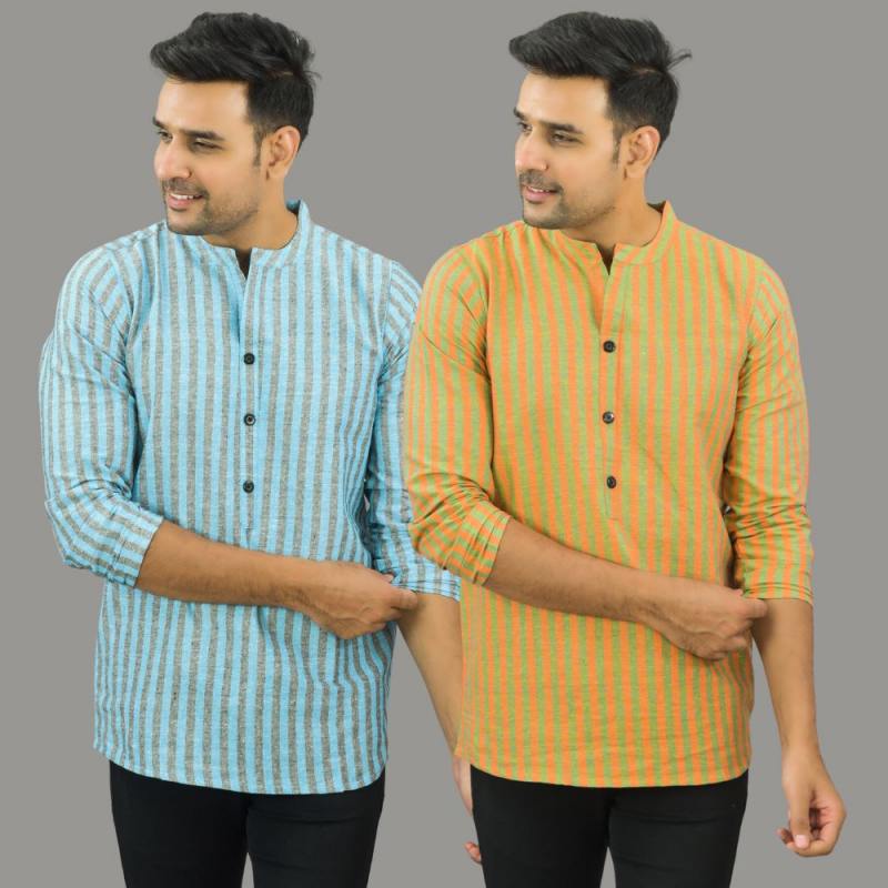 Combo of 2 Men Cotton Stripe Short Kurta-25720
