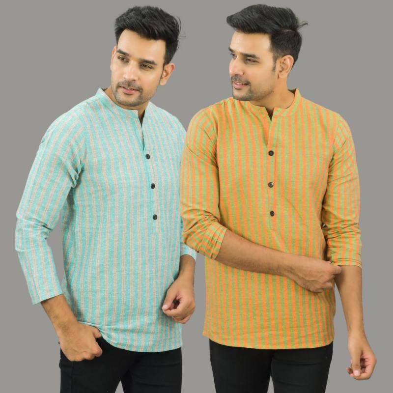 Combo of 2 Men Cotton Stripe Short Kurta Olive Green and Sky Blue-25722
