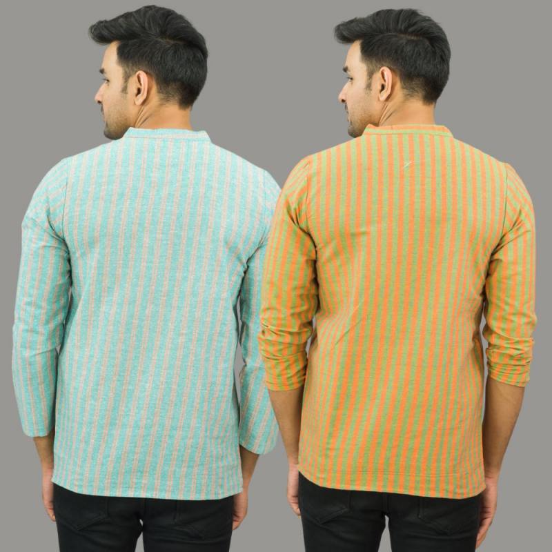 Combo of 2 Men Cotton Stripe Short Kurta Olive Green and Sky Blue-25722