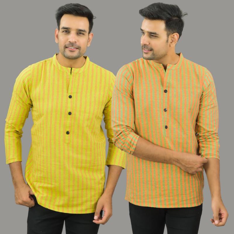 Combo of 2 Men Cotton Stripe Short Kurta Olive Green and Yellow-25723