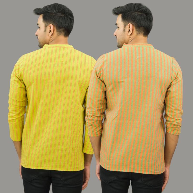 Combo of 2 Men Cotton Stripe Short Kurta Olive Green and Yellow-25723