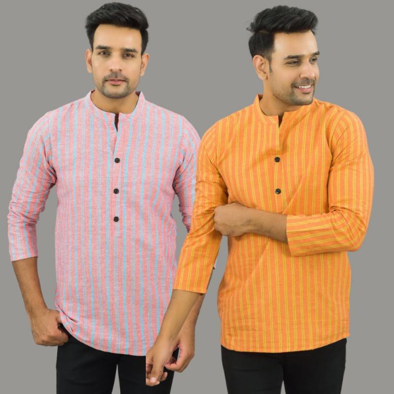 Combo of 2 Men Cotton Stripe Short Kurta Orange and Pink-25696