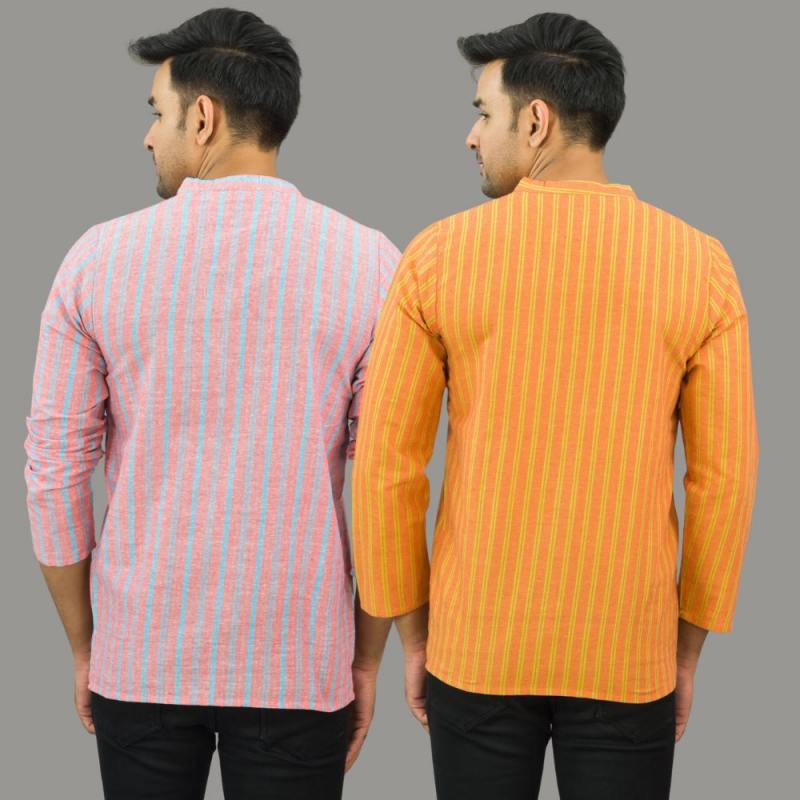 Combo of 2 Men Cotton Stripe Short Kurta Orange and Pink-25696