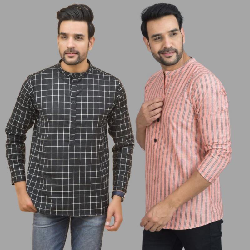 Combo of 2 Men Cotton Stripe Short Kurta Pink and Black-25738
