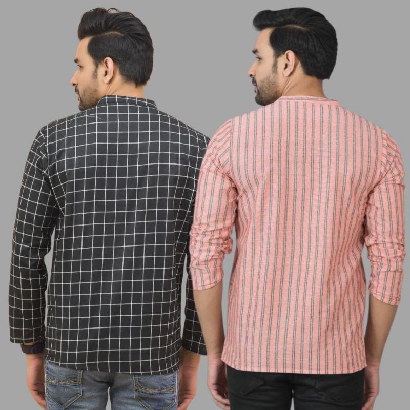 Combo of 2 Men Cotton Stripe Short Kurta Pink and Black-25738