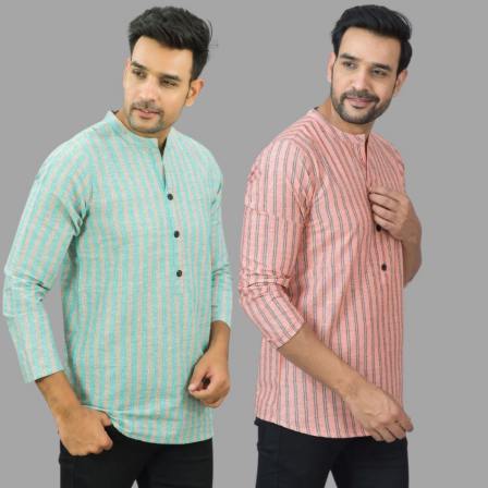 Combo of 2 Men Cotton Stripe Short Kurta-25762