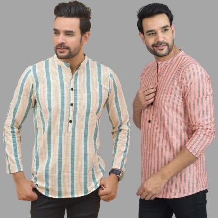 Combo of 2 Men Cotton Stripe Short Kurta Pink and Green-25742