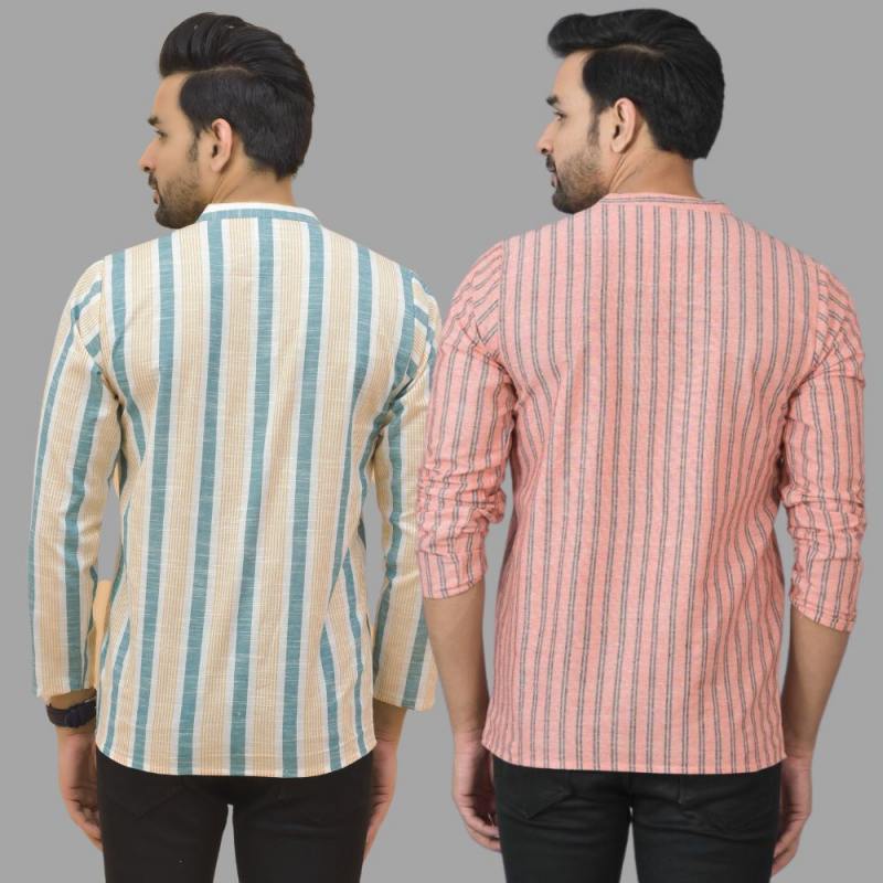 Combo of 2 Men Cotton Stripe Short Kurta Pink and Green-25742
