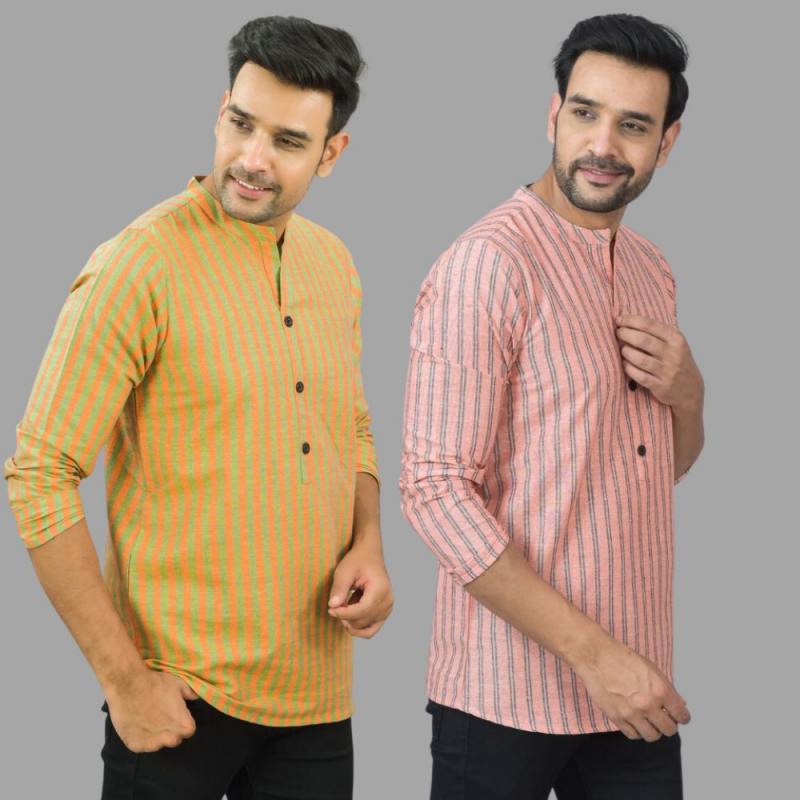 Combo of 2 Men Cotton Stripe Short Kurta Pink and Olive Green-25744