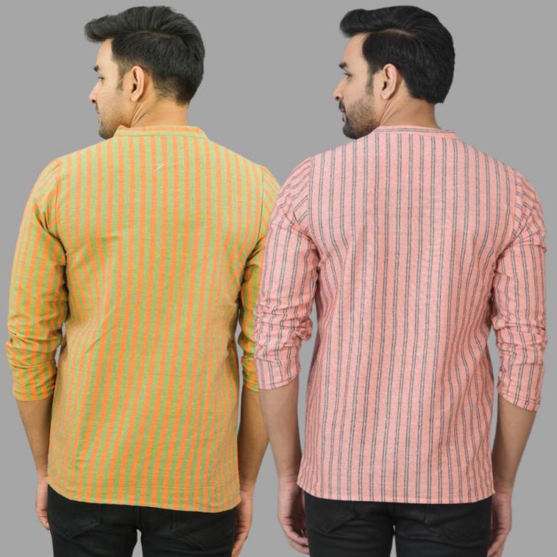 Combo of 2 Men Cotton Stripe Short Kurta Pink and Olive Green-25744