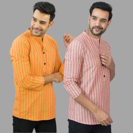 Combo of 2 Men Cotton Stripe Short Kurta Pink and Orange-25748