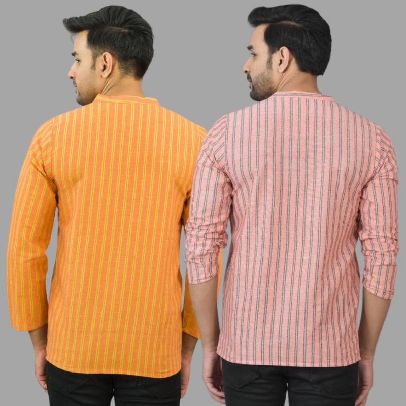 Combo of 2 Men Cotton Stripe Short Kurta Pink and Orange-25748
