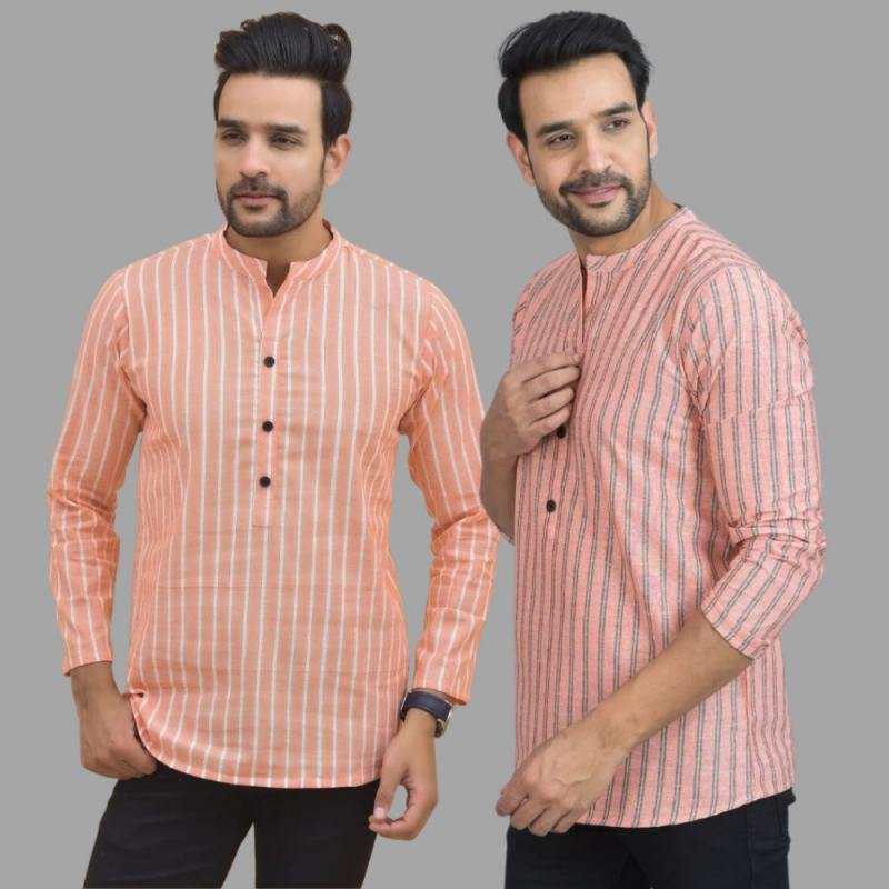 Combo of 2 Men Cotton Stripe Short Kurta Pink and Peach-25750