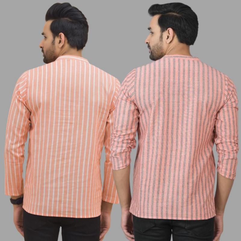 Combo of 2 Men Cotton Stripe Short Kurta Pink and Peach-25750