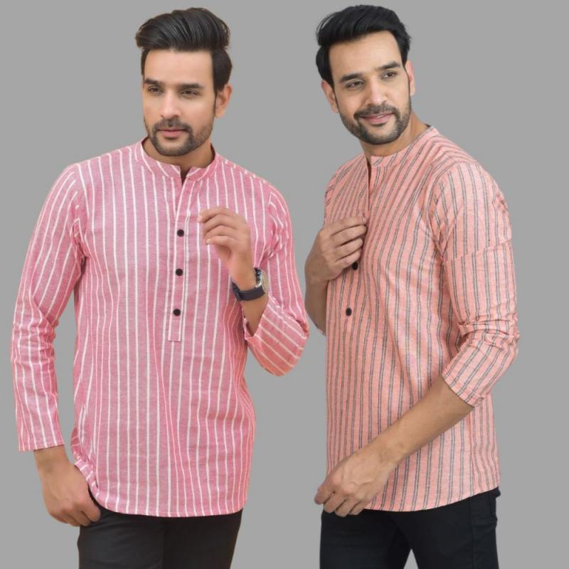 Combo of 2 Men Cotton Stripe Short Kurta Pink and Pink-25756
