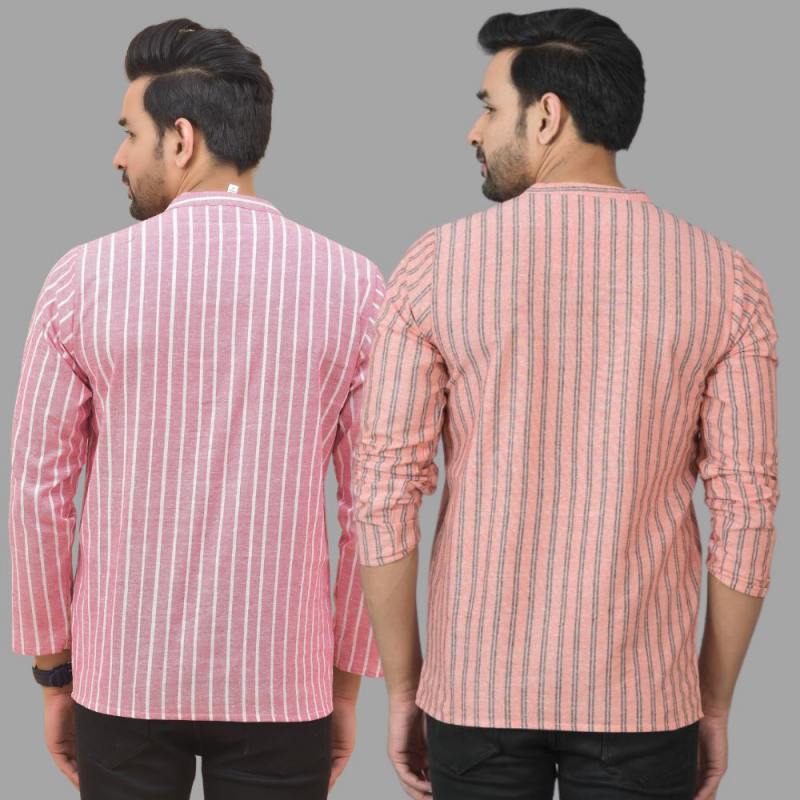 Combo of 2 Men Cotton Stripe Short Kurta Pink and Pink-25756