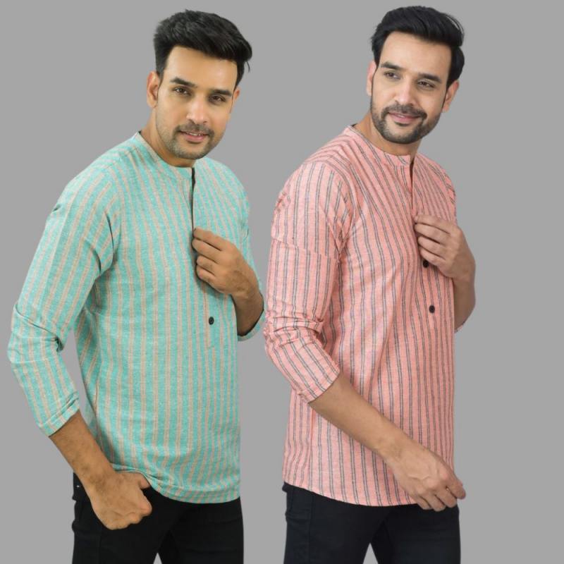 Combo of 2 Men Cotton Stripe Short Kurta-25746