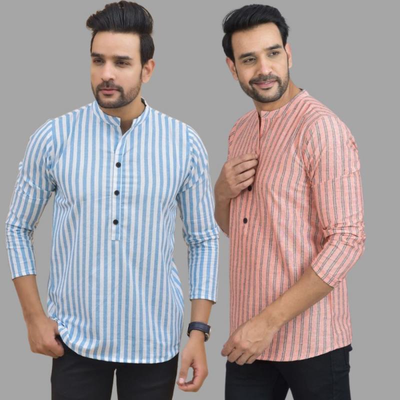 Combo of 2 Men Cotton Stripe Short Kurta-25760