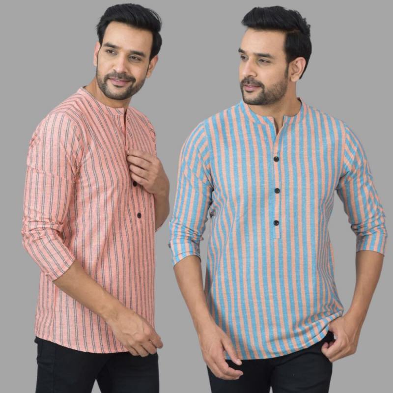 Combo of 2 Men Cotton Stripe Short Kurta-25774