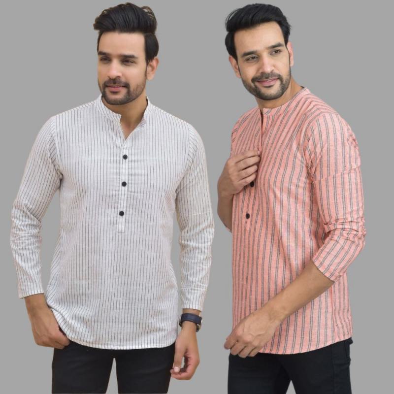 Combo of 2 Men Cotton Stripe Short Kurta Pink and White-25764