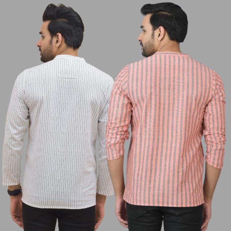 Combo of 2 Men Cotton Stripe Short Kurta Pink and White-25764