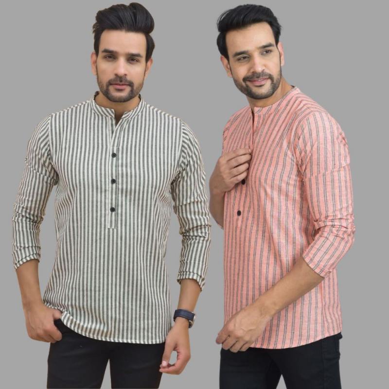 Combo of 2 Men Cotton Stripe Short Kurta-25766