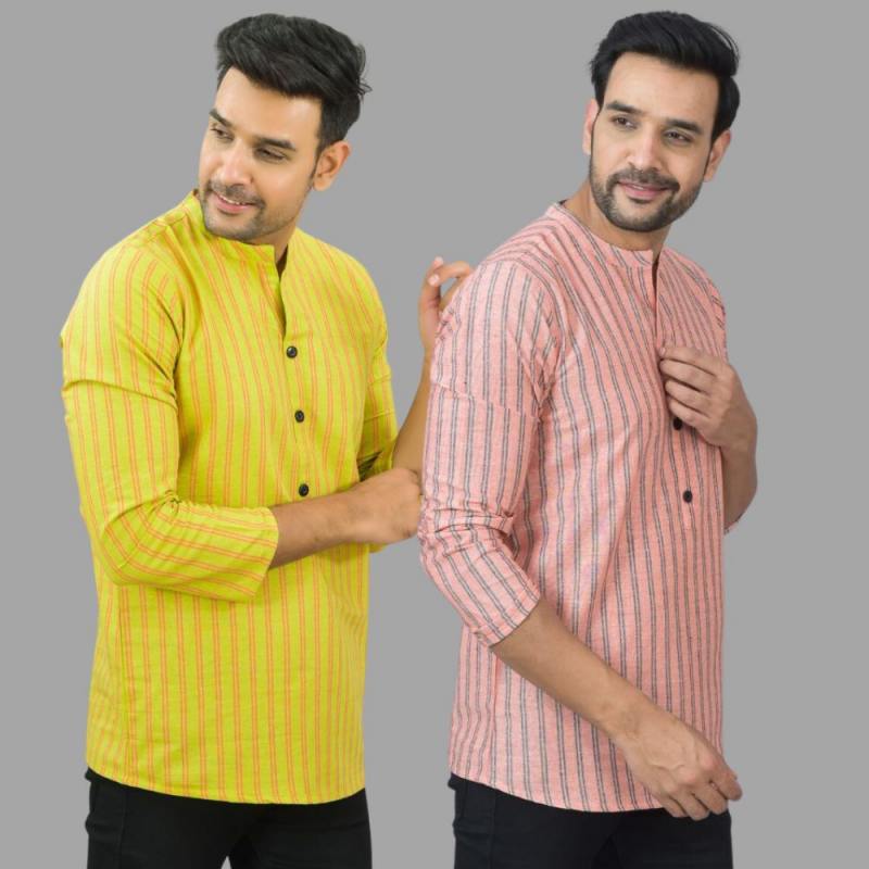 Combo of 2 Men Cotton Stripe Short Kurta-25772