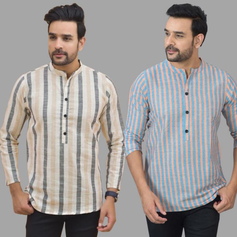 Combo of 2 Men Cotton Stripe Short Kurta Sky Blue and Beige-25741
