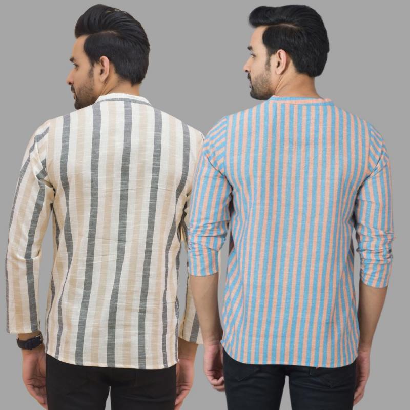Combo of 2 Men Cotton Stripe Short Kurta Sky Blue and Beige-25741