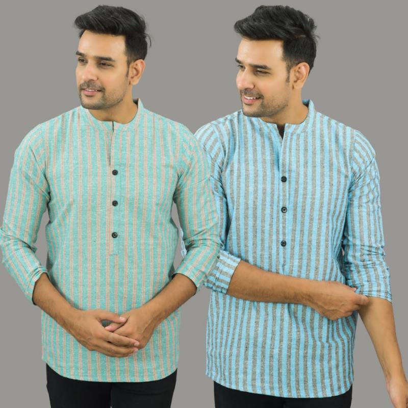 Combo of 2 Men Cotton Stripe Short Kurta Sky Blue and Cyan-25714