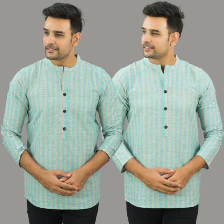 Combo of 2 Men Cotton Stripe Short Kurta Sky Blue and Cyan-25715