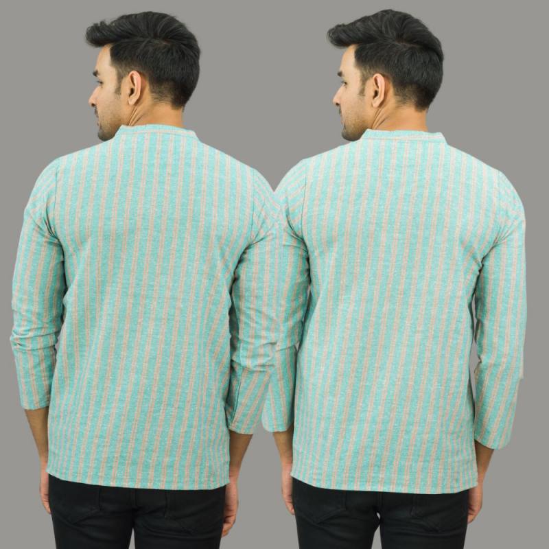 Combo of 2 Men Cotton Stripe Short Kurta Sky Blue and Cyan-25715