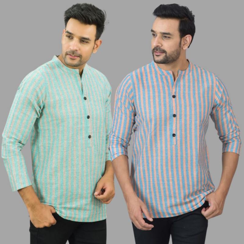 Combo of 2 Men Cotton Stripe Short Kurta-25763