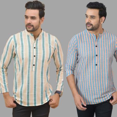 Combo of 2 Men Cotton Stripe Short Kurta Sky Blue and Green-25743