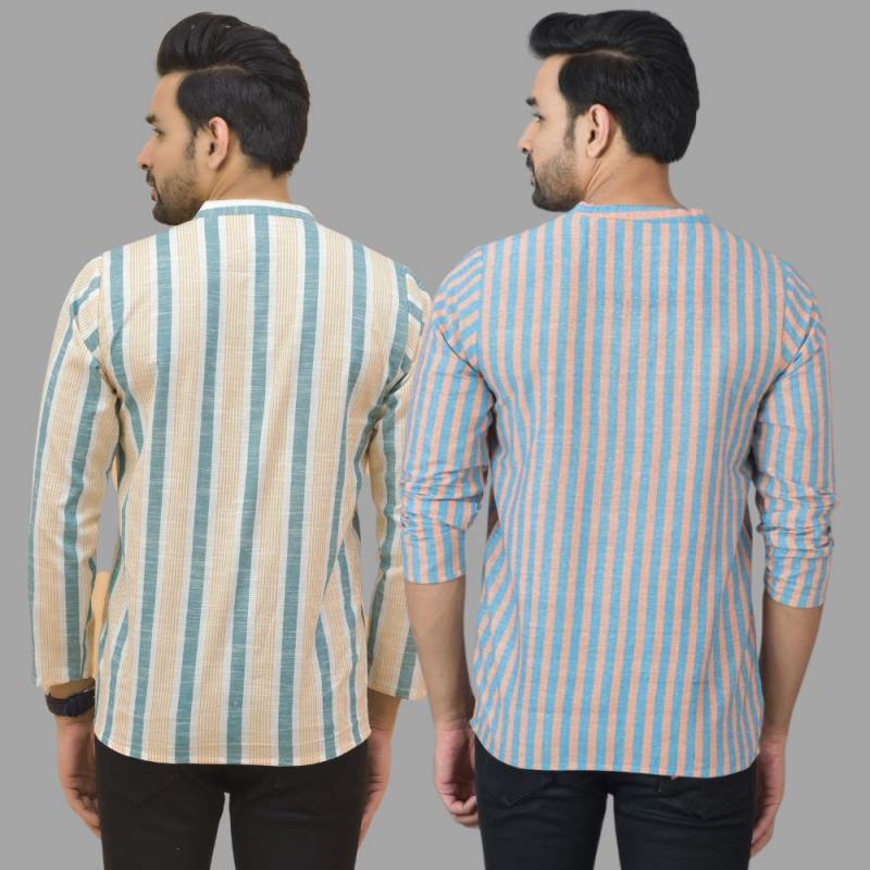Combo of 2 Men Cotton Stripe Short Kurta Sky Blue and Green-25743