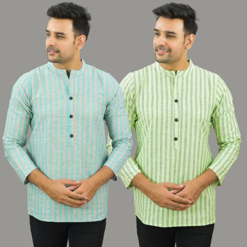 Combo of 2 Men Cotton Stripe Short Kurta Sky Blue and Mint Green-25711