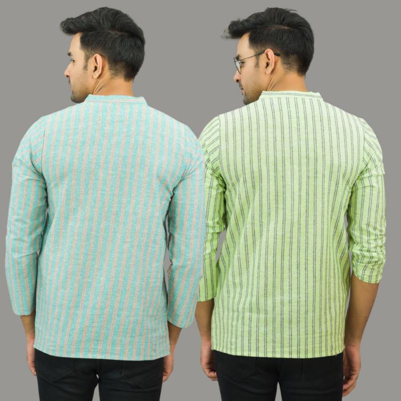 Combo of 2 Men Cotton Stripe Short Kurta Sky Blue and Mint Green-25711