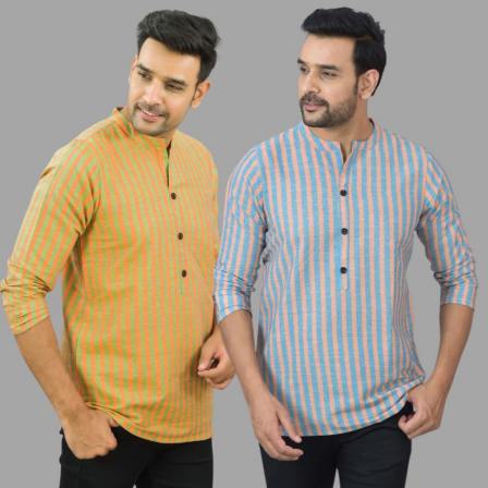 Combo of 2 Men Cotton Stripe Short Kurta Sky Blue and Olive Green-25745