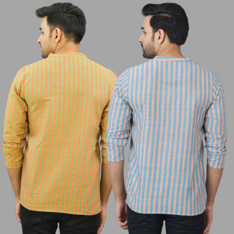 Combo of 2 Men Cotton Stripe Short Kurta Sky Blue and Olive Green-25745