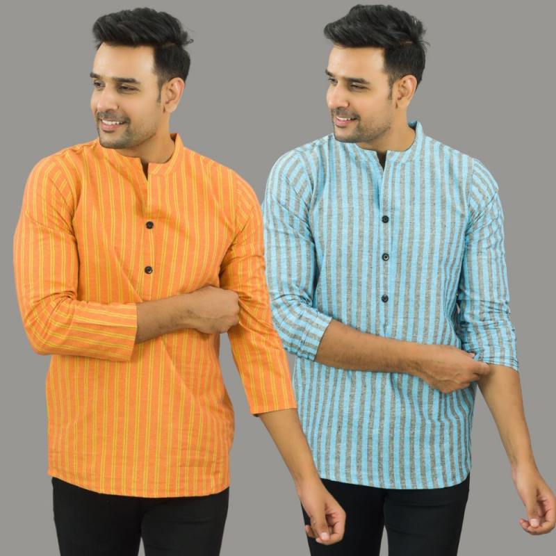 Combo of 2 Men Cotton Stripe Short Kurta-25705