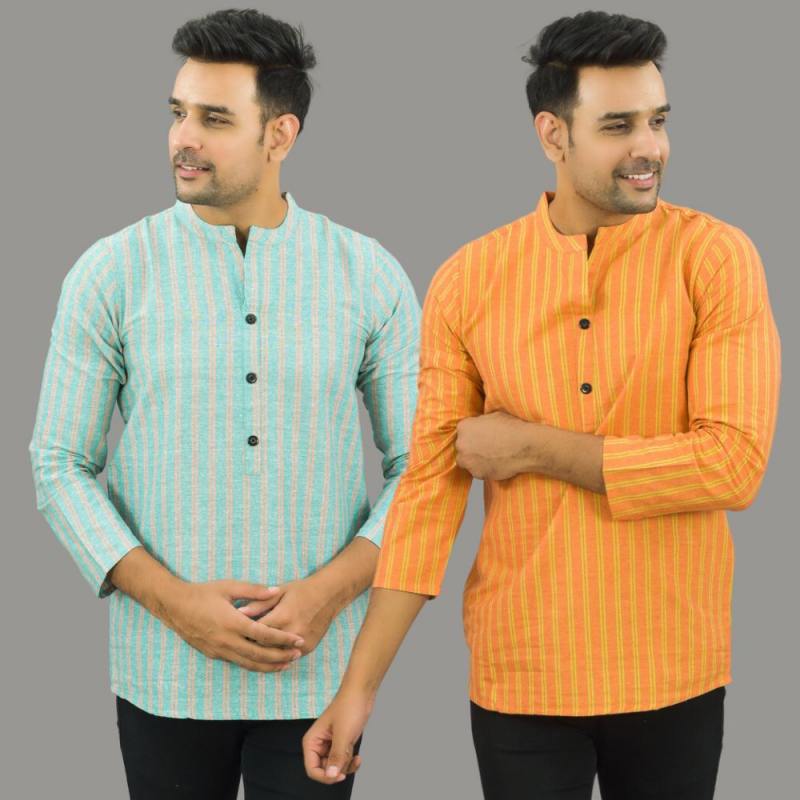 Combo of 2 Men Cotton Stripe Short Kurta Sky Blue and Orange-25706
