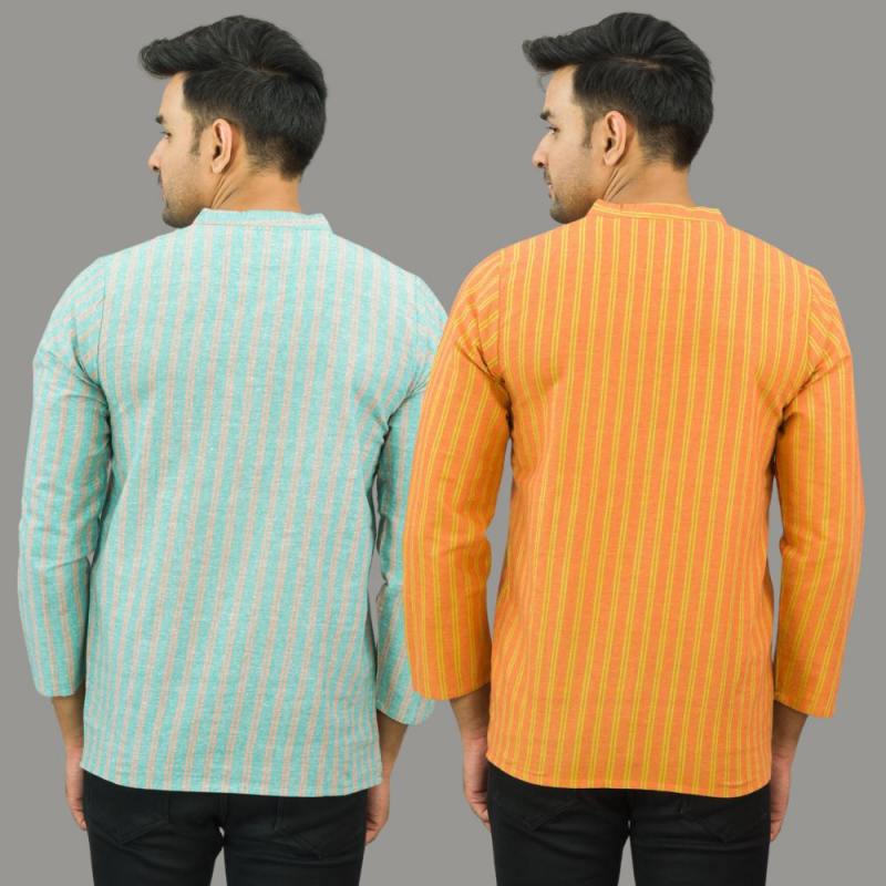 Combo of 2 Men Cotton Stripe Short Kurta Sky Blue and Orange-25706