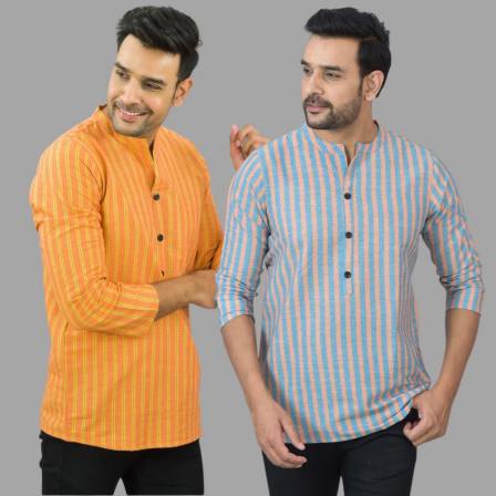 Combo of 2 Men Cotton Stripe Short Kurta Sky Blue and Orange-25749