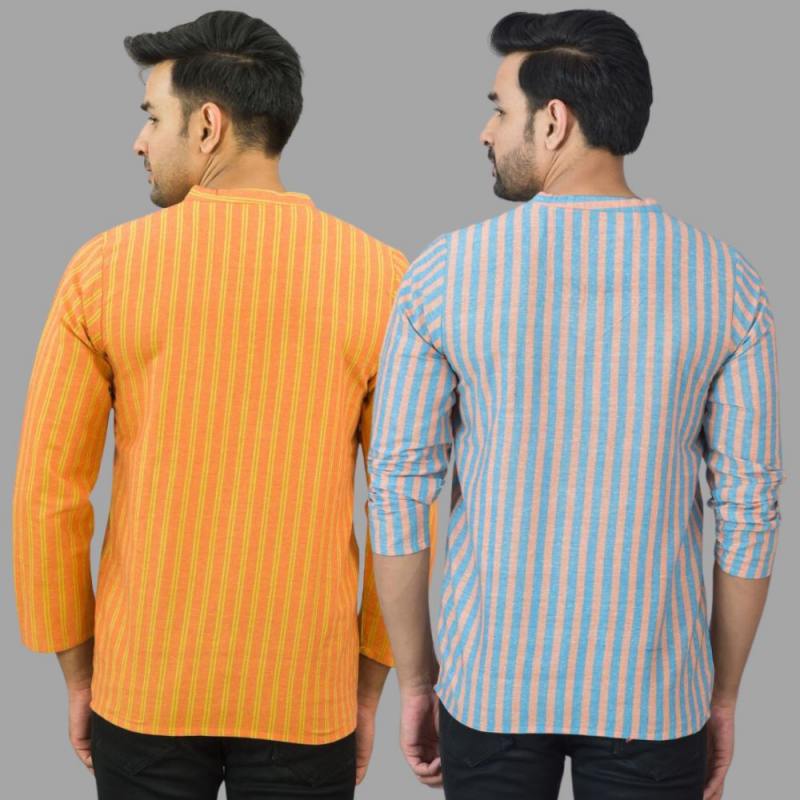 Combo of 2 Men Cotton Stripe Short Kurta Sky Blue and Orange-25749
